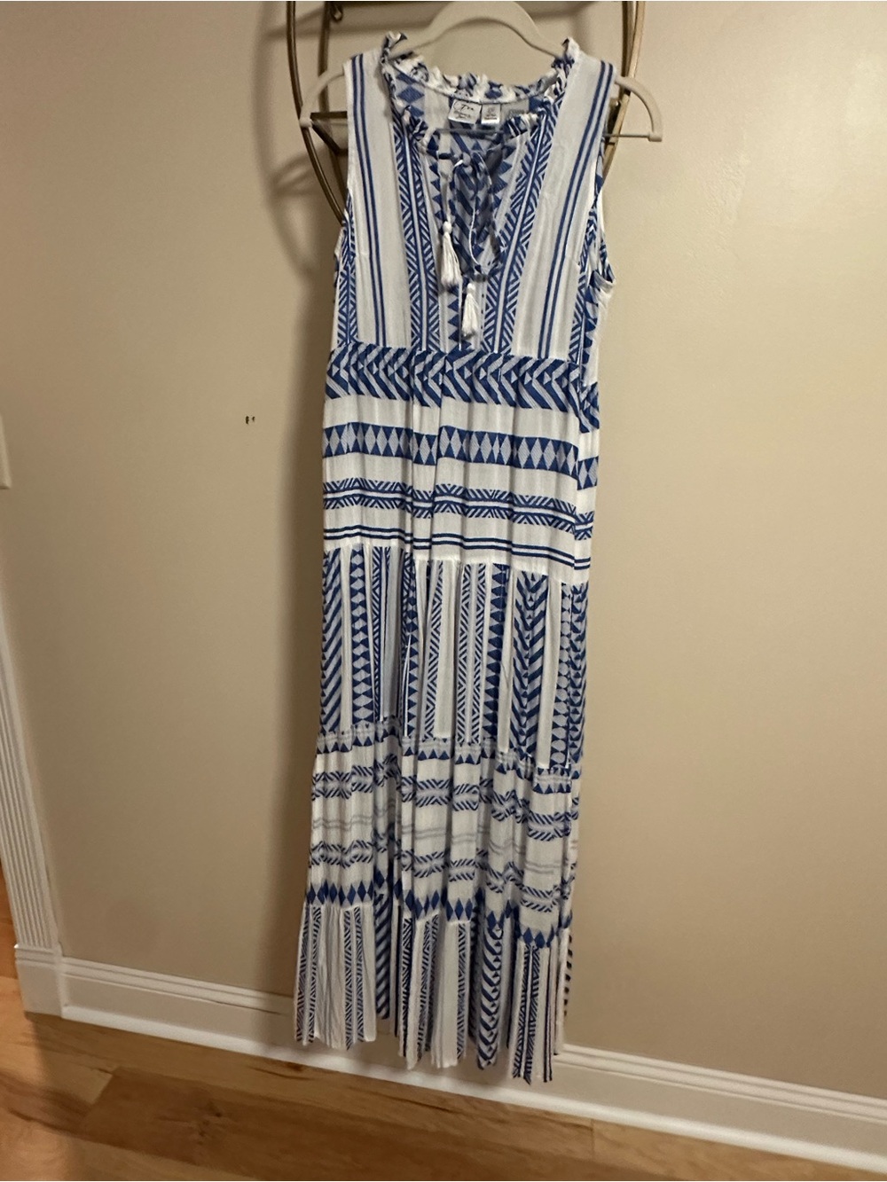 Japna White Maxi Dress with Blue Tribal Print